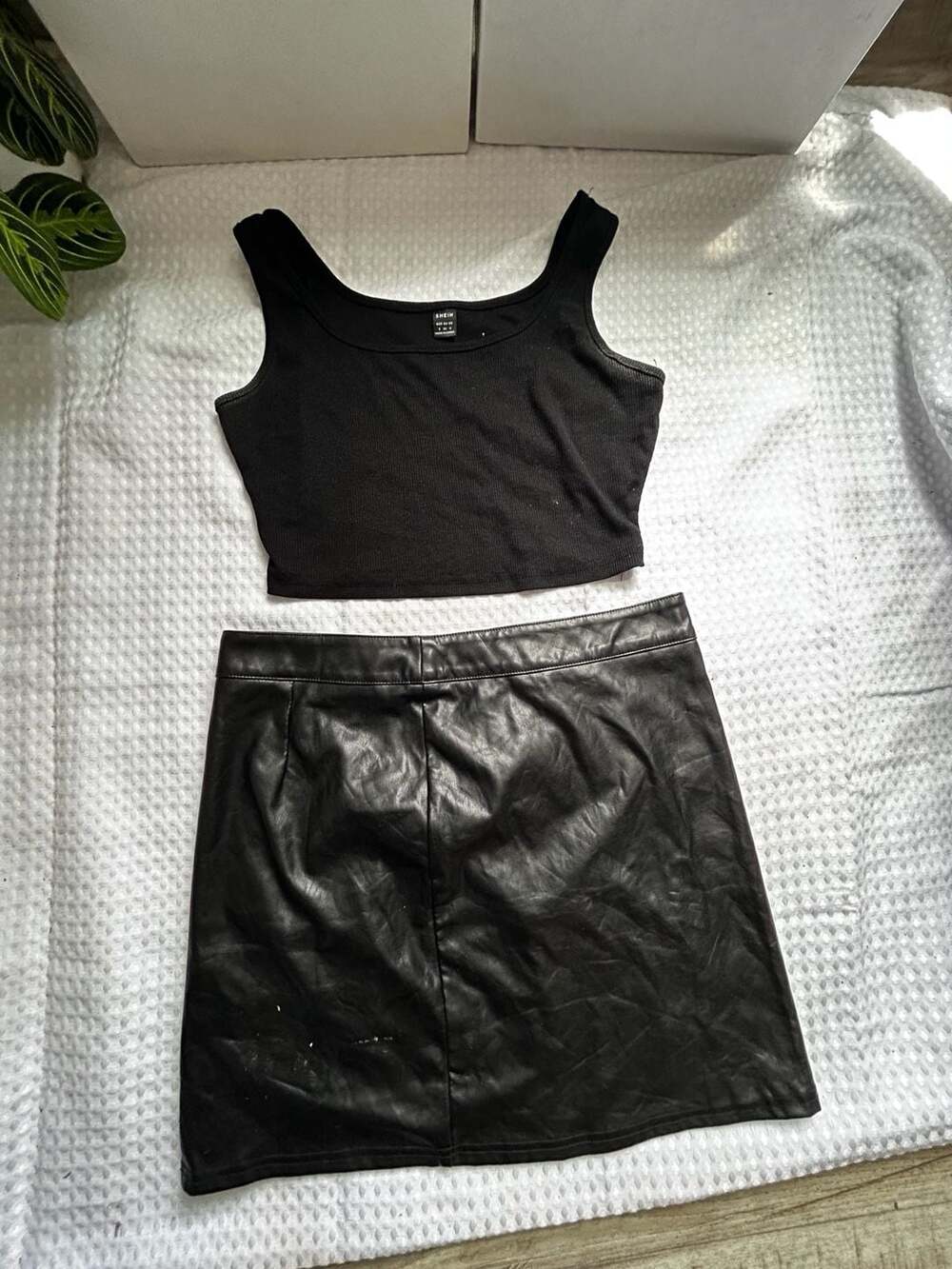 Black Ribbed Tank Top and Faux Leather Mini Skirt Set Size S